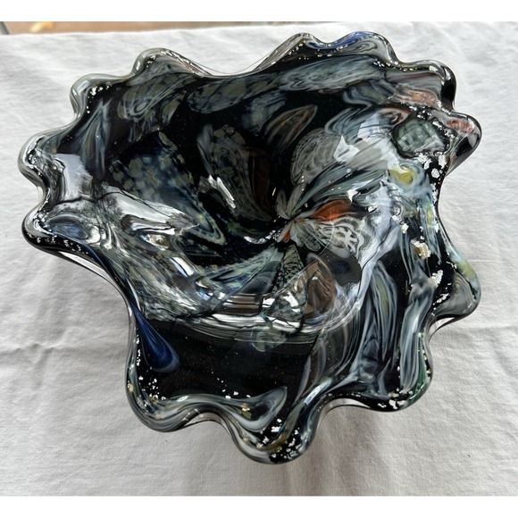 Murano Ruffled Art Glass Bowl Black Multi Swirl Aventurine Italy‎ MCM